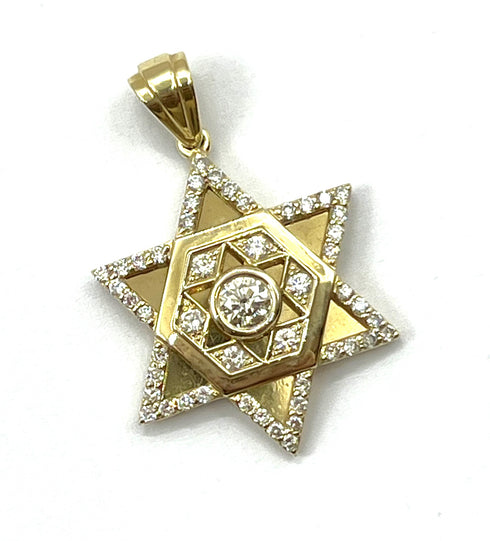 14K Gold and Diamond Star of David with Central Hexagon Necklace